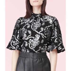NWT Rebecca Taylor Lily Lurex Clip Silk Top w/ Ruffle Sleeves Sz. 8